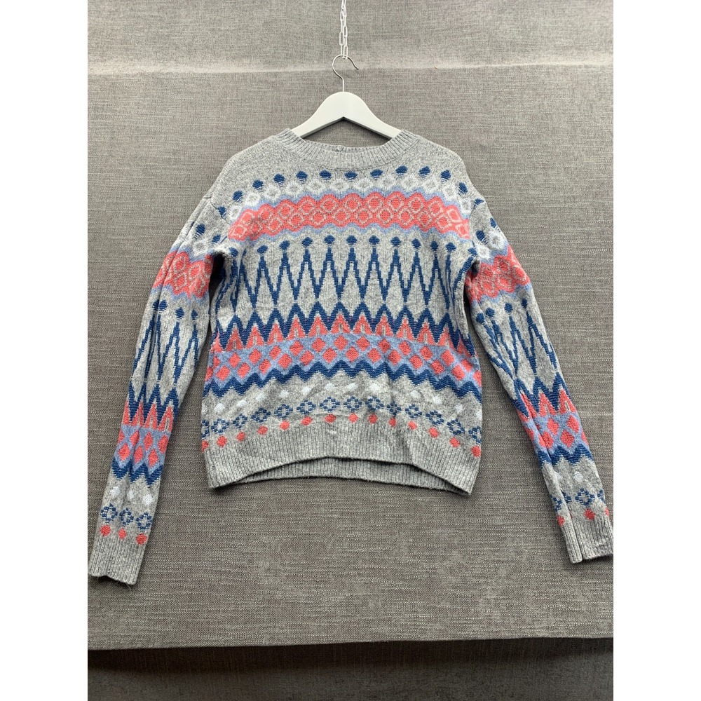 St. John's Bay Sweater Women Small Gray Fair Isle Crew Neck Ribbed Trim Pullover